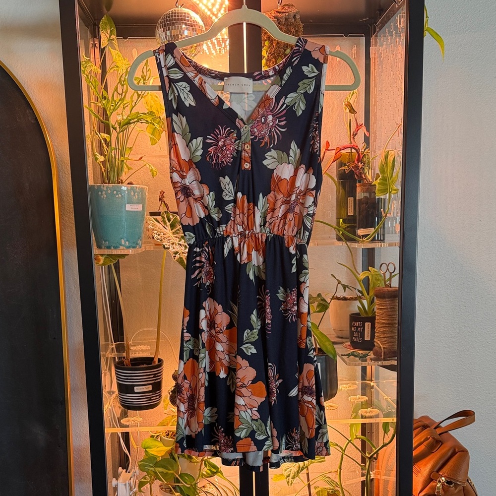 French Grey Navy Floral Mini Dress